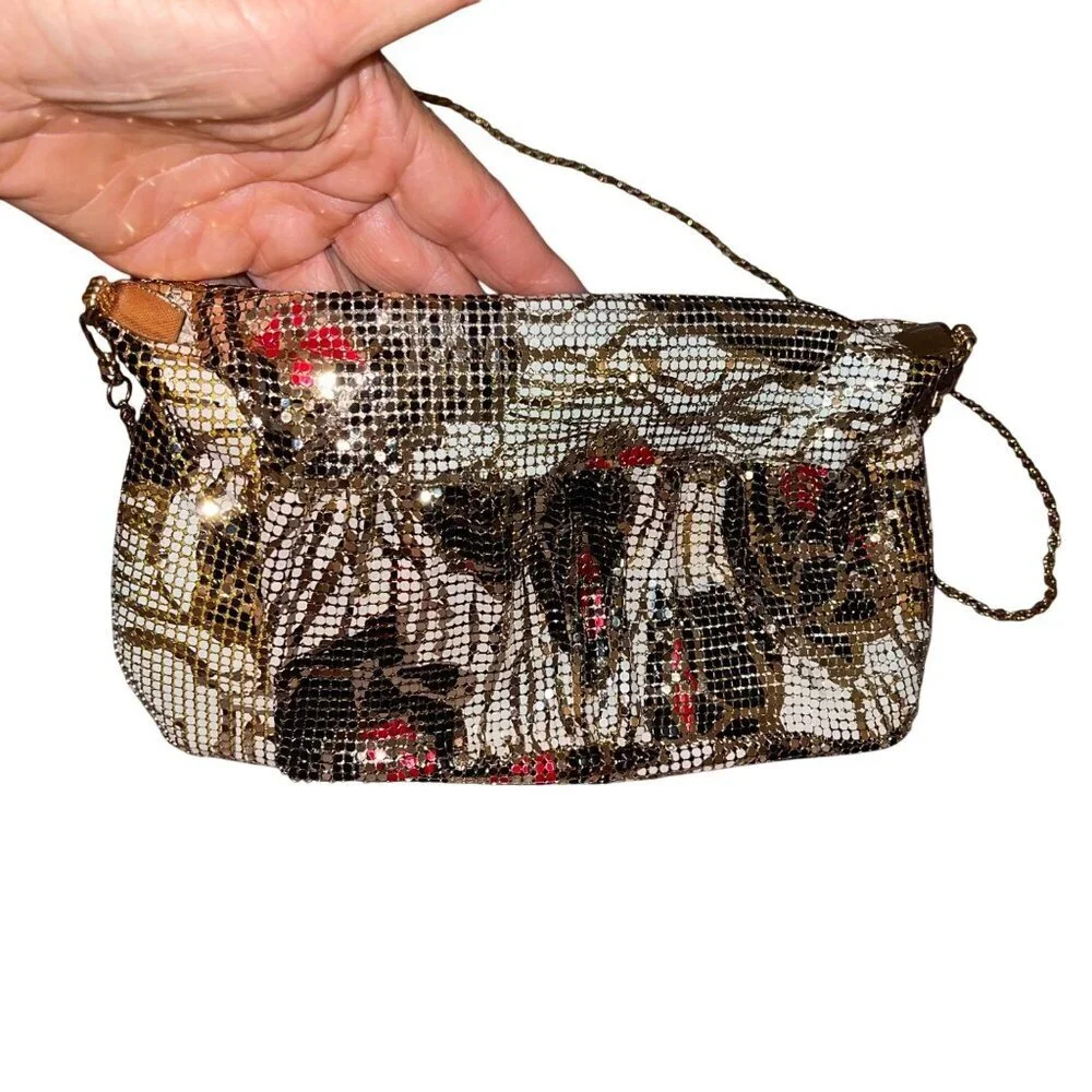 Vintage Womens Clutch Bag Multicolor Chain Mesh Rose Pattern Convertible